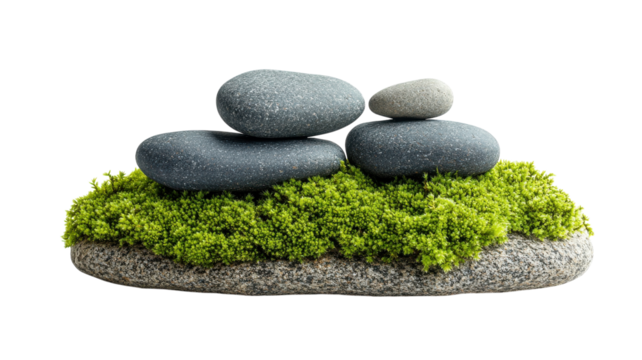 Balancing stones resting atop lush green moss create a peaceful, zen-like aesthetic