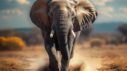 Fototapeta premium Large elephant is running through a desert. The scene is filled with dust and the elephant's trunk is raised. Scene is one of freedom and wildness