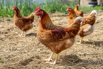 Fototapeta premium Chickens on a chicken farm grazing outdoors, domestic animal husbandry concept 