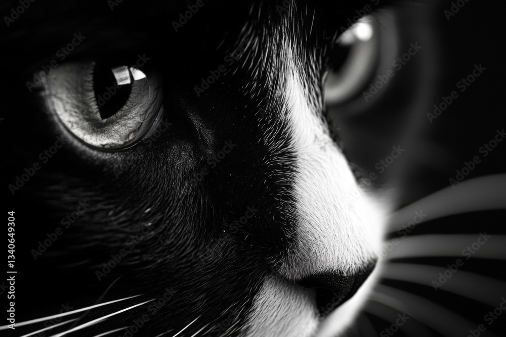 Aufkleber black and white close-up of a cat’s face highlighting its expressive eyes and distinct features in s