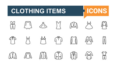 Clothes icon pack. Containing dress, tshirt, outfit, suit, shirt and more. Minimal icons collection. Apparel line icon. Editable vector art and illustration.