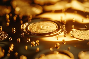 Golden coins floating on a surface of liquid gold creating small bubbles, symbolizing wealth, luxury, and abundance