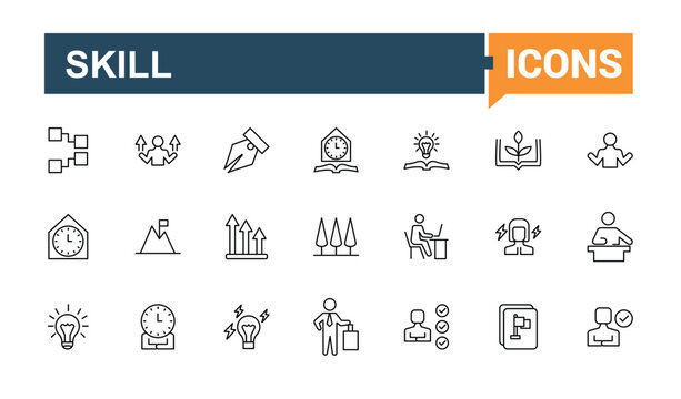 Skill linear icon. Contains such icon as communication, intelligence, person, solving. Creativity and ability isolated icons. Knowledge vector icon set. Pixel perfect. Editable vector.