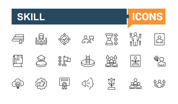 Skill linear icon. Contains such icon as communication, intelligence, person, solving. Creativity and ability isolated icons. Knowledge vector icon set. Pixel perfect. Editable vector.