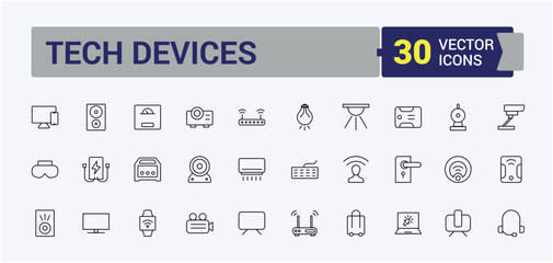 Technology Devices related icon set. Smart thin linear style icons. Modern linear icons. Gadget icon set. Editable stroke. Vector collection.