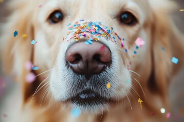 Golden retriever celebrates special occasion with colorful confetti sprinkled on its nose