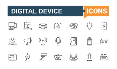 Technology Devices related icon set. Smart thin linear style icons. Modern linear icons. Gadget icon set. Editable stroke. Vector collection.