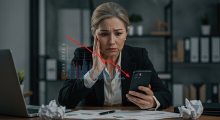 Worried Executive Analyzing Declining Stock Market Graph on Smartphone, Showing Financial Downturn