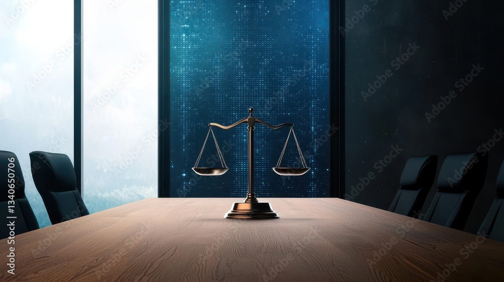 Poster a balanced scale sits on a conference table, symbolizing justice and law against a backdrop of moder
