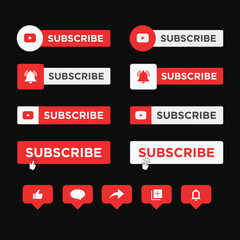 set of big mega collection youtube Subscribe button with hand click icon. Subscribe, bell button and hand cursor bundle. Red button subscribe to channel, blog. Social media background.