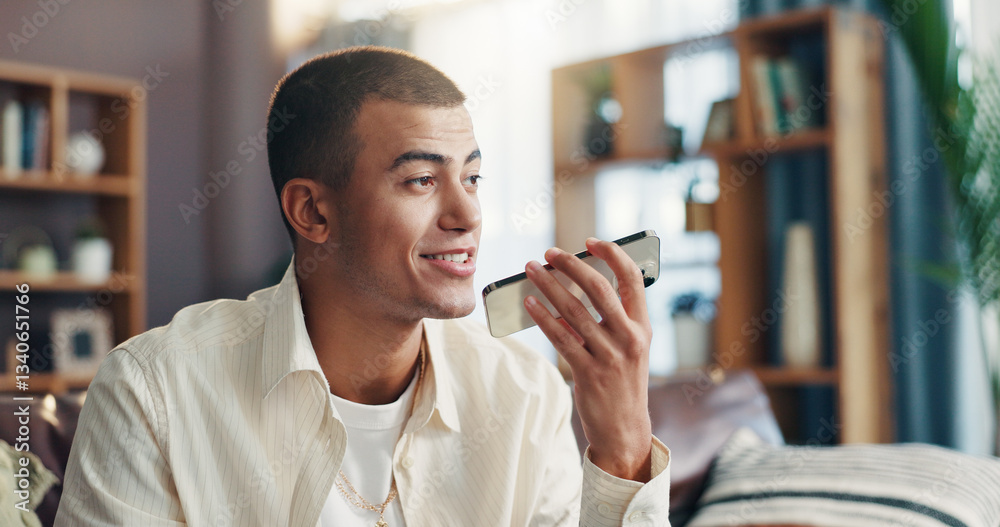 Poster speaker, voice note and happy man with phone in home for communication, talking and chatting on call