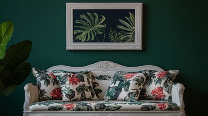 Elegant white frame mockup against a dark green backdrop, featuring a plush sofa with textured cushions and a decorative plant.