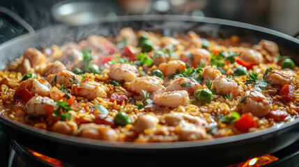 Cooking traditional Spanish paella with seafood and vegetables over an open flame in a rustic Mediterranean kitchen