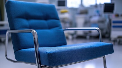 A close-up of a blue cushioned patient chair with a sturdy metal frame in a hospital ward. The medical equipment in the background adds to the clinical atmosphere