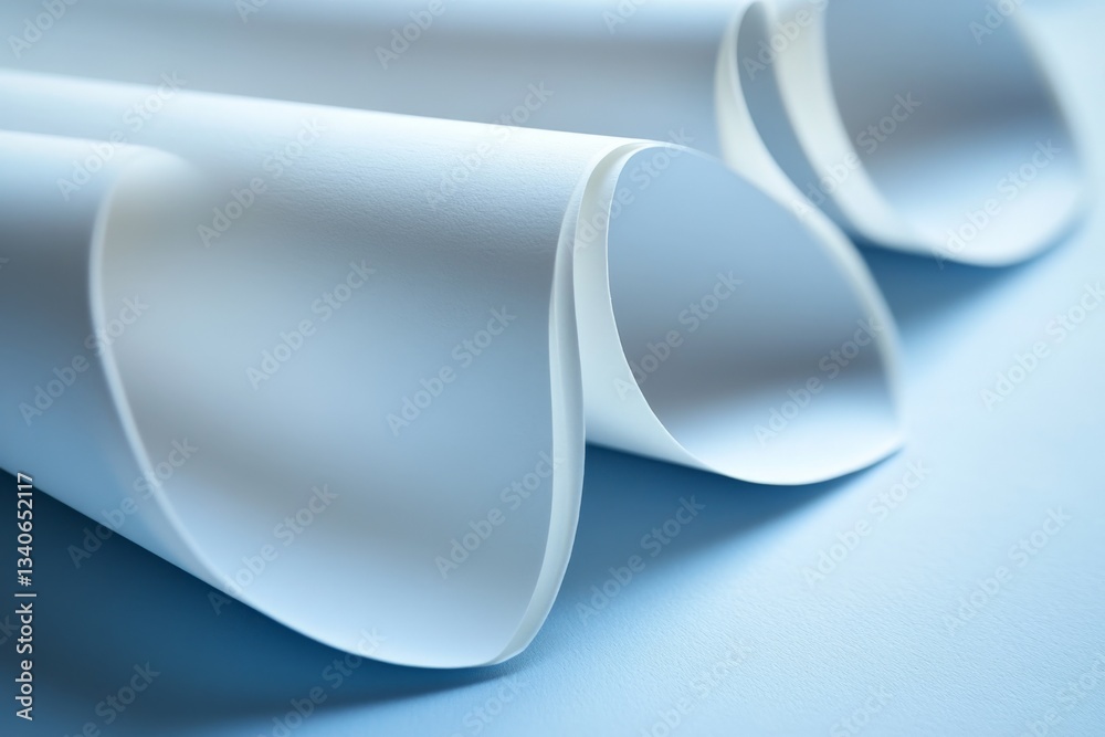 Fototapete curled sheets of smooth white paper arranged on a light blue surface during a creative workspace ses