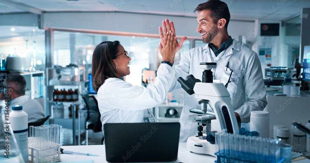 Poster high five, science and teamwork with people in laboratory together for breakthrough or development. 