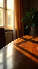 a room with sunlight falling from a window, a table, a chair. wooden floor, coffee cup on the table, free space for text
