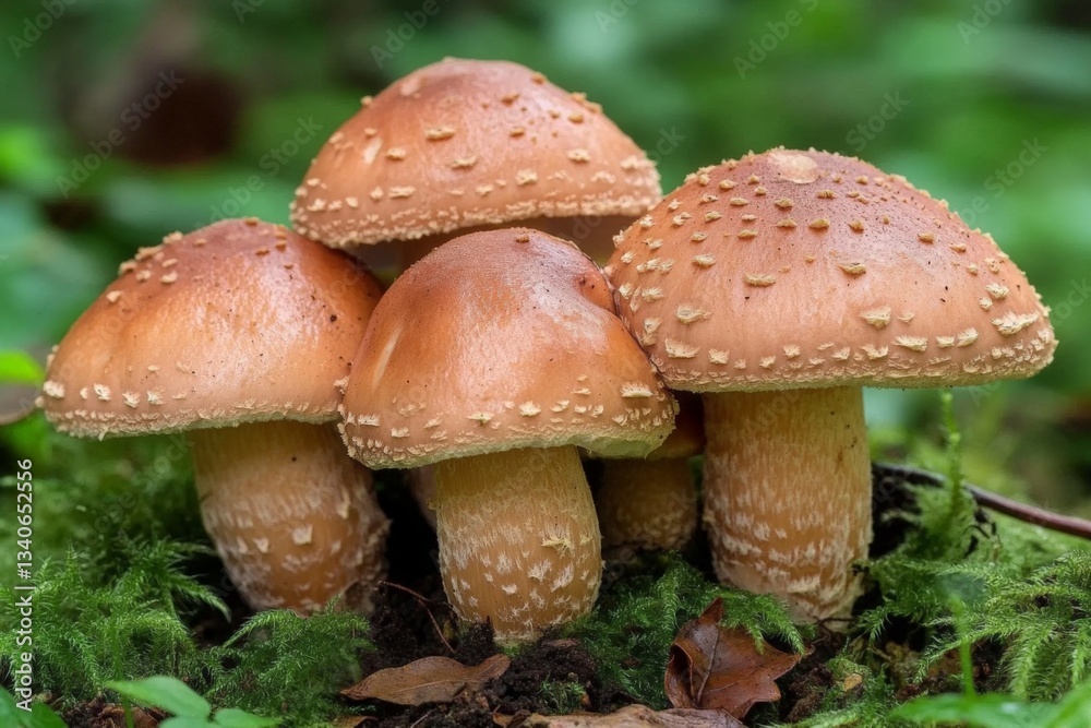 Poster group of brown mushrooms growing in a forest setting during daytime