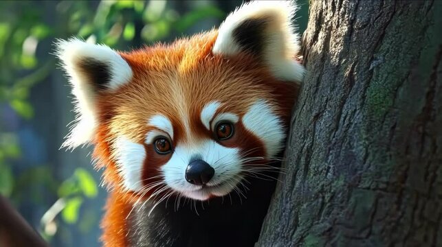 Close-up of a red panda resting against a tree in a lush green environment.