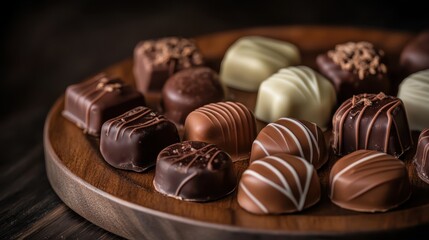 Fototapeta premium Box of assorted gourmet chocolates on wooden platter, perfect for Valentineâ€™s Day gifts, romantic occasions, treats, indulgence, handmade sweets, desserts.