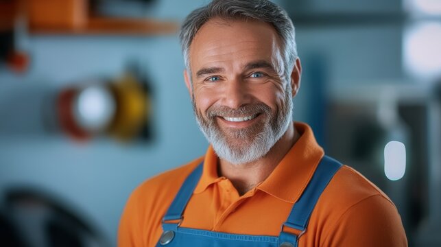 Man in an orange shirt and blue overalls is smiling. He looks happy and content. Concept of warmth and positivity