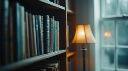 Vintage bookshelf with old books and warm lamp light. Cozy atmosphere for reading and studying