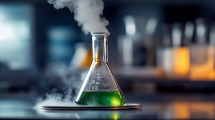 Green liquid in a glass beaker is steaming. The steam is rising from the beaker and filling the room