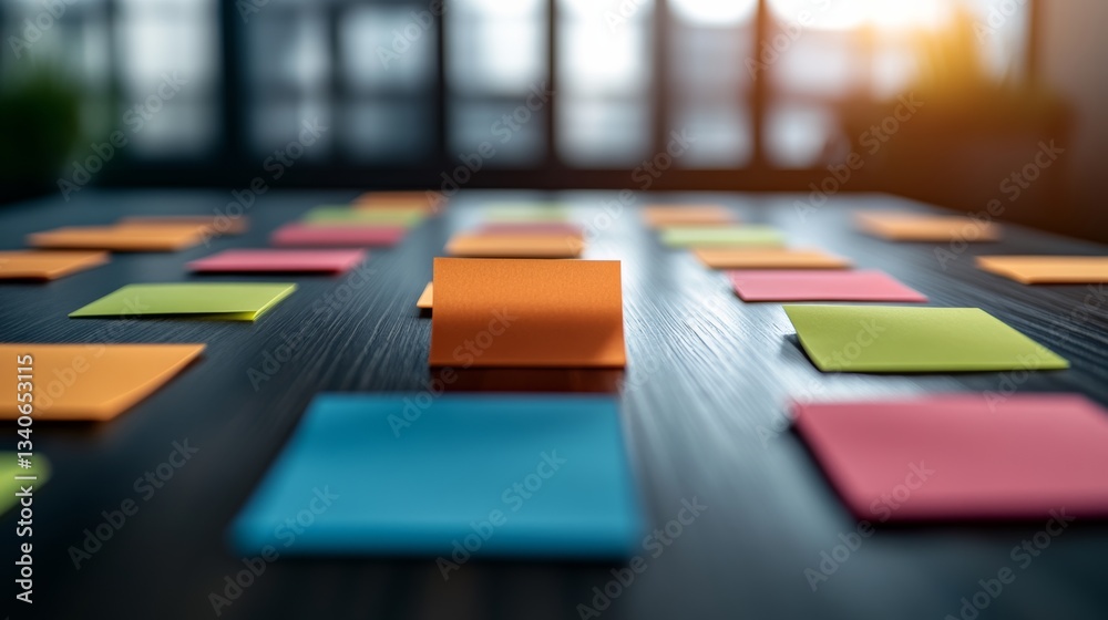 Poster table with colorful sticky notes on it. the table is empty except for one orange note. the colorful 