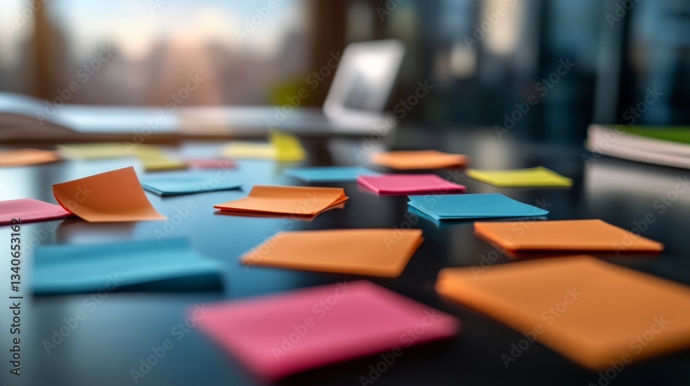 Poster table with a bunch of colorful sticky notes on it. the notes are in different colors and sizes, and 