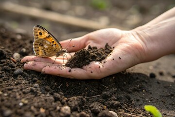 butterfly land on human hand with soil. Connect with nature