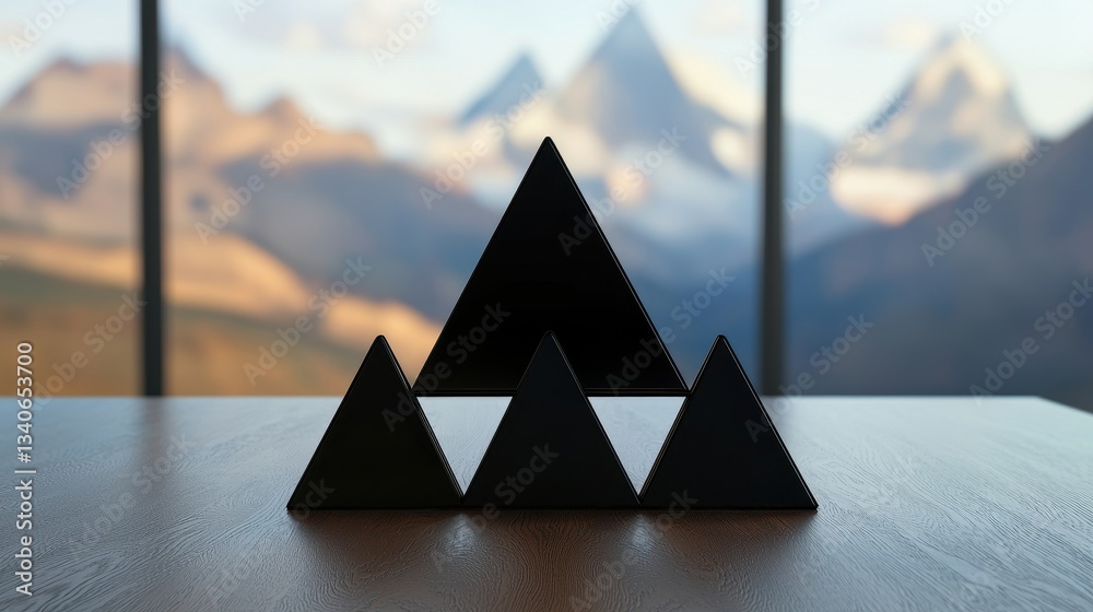 Poster a minimalist arrangement of black triangular shapes on a wooden surface, set against a backdrop of m