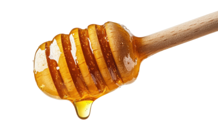 Golden honey drips from a wooden dipper, highlighting its natural sweetness and texture