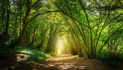 Fototapeta premium serene forest path is surrounded by arching trees creating tunnel effect with lush green foliage sunlight filters through leaves casting dappled shadows ground evoking sense of tranquility and
