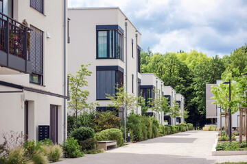 Residential Apartment Building Landscaping. New Houses Modern Home Complex with Green Landscape...