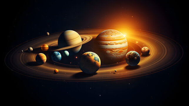 Illustration of planets in motion within a cosmic scene depicting interplanetary dynamics and the gravitational forces of the sun.