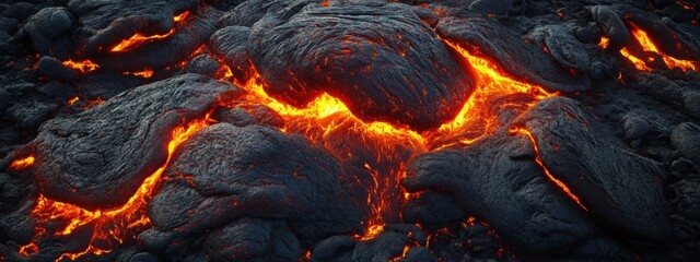 Molten lava flowing slowly, creating dark, crusty rock formations with a liquid, orange-yellow glow during an eruption