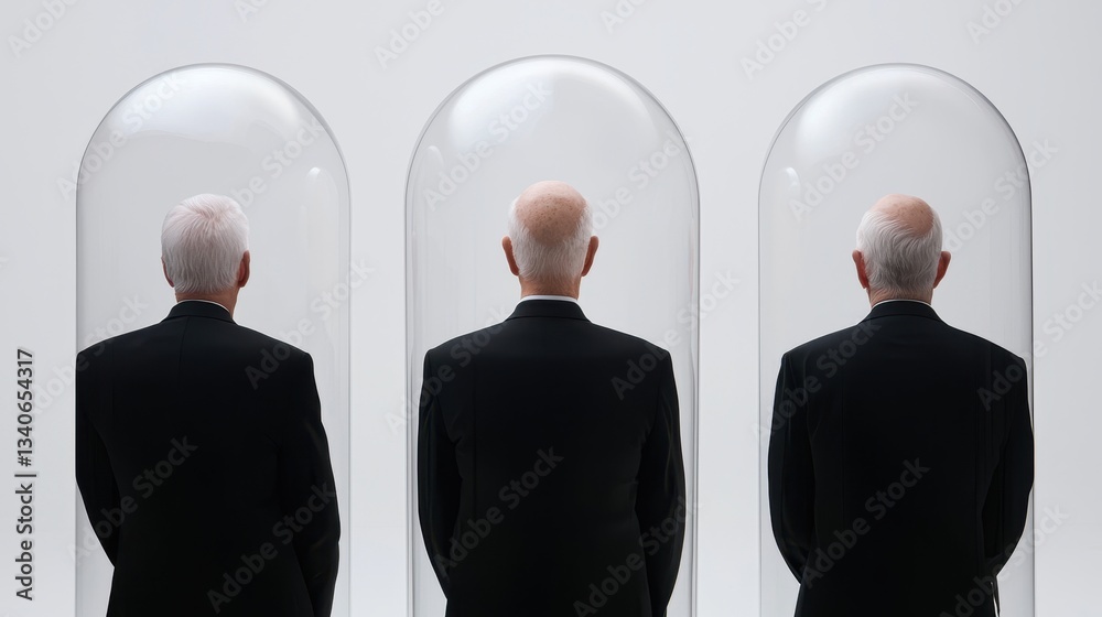 Poster Three bald figures in suits stand inside transparent domes against a minimalistic background, suggesting themes of isolation and contemplation.