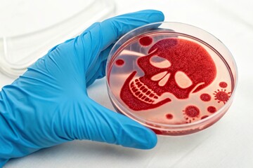 lab hand hold petri dish with red skull bacteria culture. Deadly dangerous disease pathogen