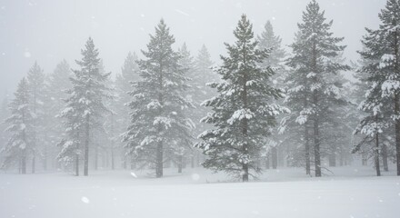 Fototapeta premium Snowfall in Winter Woods with Evergreen Trees and White Ground