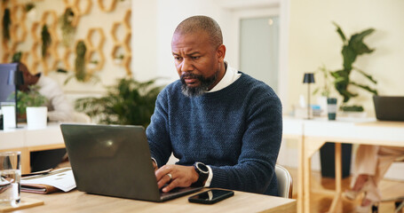 Research, typing and laptop with business black man in office for event planner, reading and client feedback. Online, project management and startup with person in creative agency for email and idea