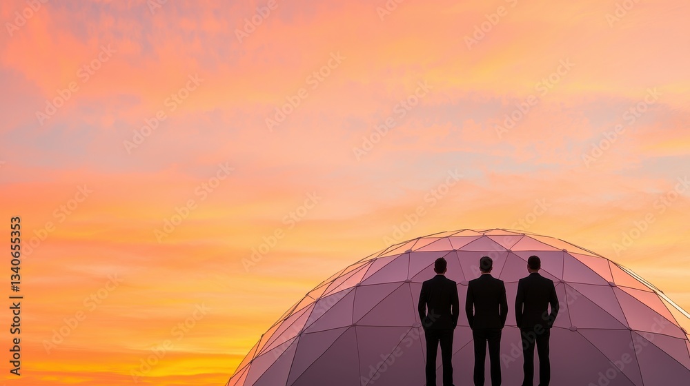 Aufkleber three silhouetted figures stand before a colorful sunset, with a geometric dome structure in the for