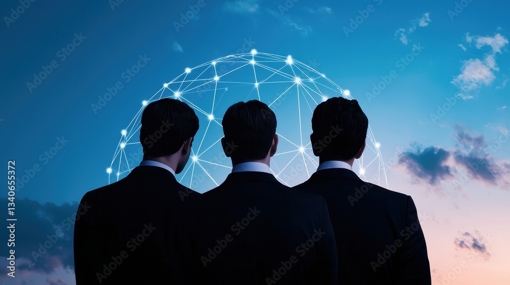 Poster Three individuals in suits stand against a colorful sky, observing a digital network sphere, symbolizing connection and technology.