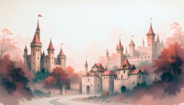 Medieval castle landscape in watercolor style with autumn colors and fantasy atmosphere
