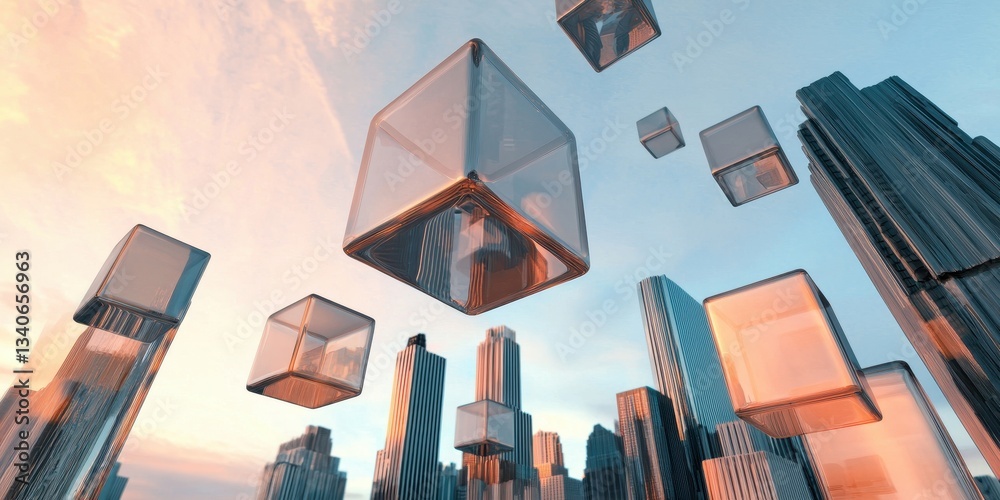 Aufkleber A futuristic cityscape with transparent cubes floating above tall buildings, creating a surreal and imaginative atmosphere under a vibrant sky.