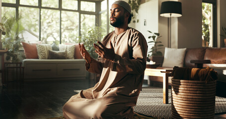 Muslim, worship and dua with man in home for ramadan kareem, spiritual and prayer. Floor, faith and eid Mubarak with Islamic person and salah in living room for gratitude, Allah praise and religion