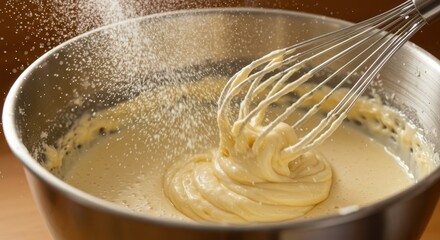 Mixing Batter with Whisk While Adding Flour in Stainless Bowl