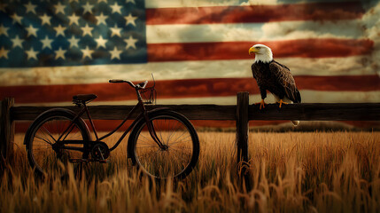 photo of an old bicycle leaning against a fence in the middle of a rice field.Bald eagle standing on the American flag, American flag in the background