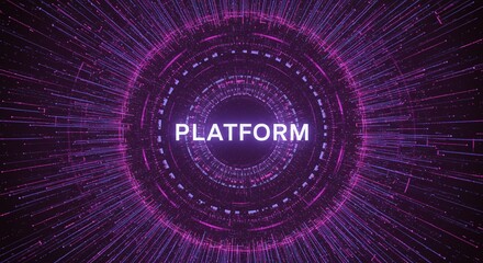 Digital Platform: Futuristic digital interface. The image features a luminous purple platform design with radiating lines, a data-driven symbol of connectivity and innovation.