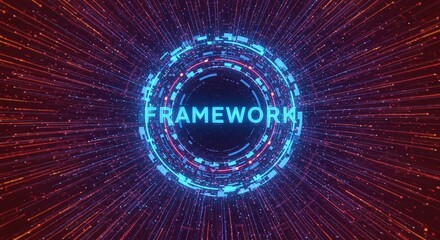 Cyber Framework: a vibrant, digital design displaying the word "Framework" encased within a glowing, technological circular arrangement, signifying innovation and structure.