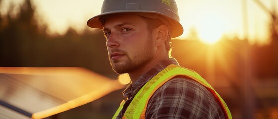 Construction worker wearing safety gear, looking serious, sunrise background, teamwork, building site, hard hat, focus on safety, summer projects, labor day.